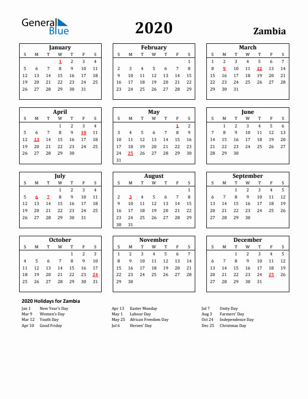 2020 Zambia Holiday Calendar - Sunday Start