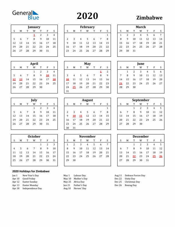 2020 Zimbabwe Holiday Calendar - Sunday Start