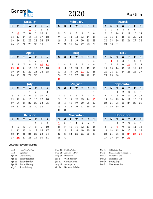 Printable Calendar 2020 with Austria Holidays