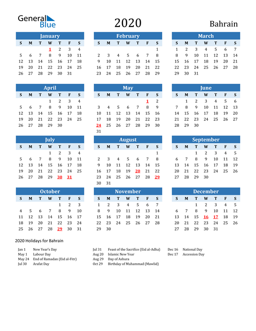 2020 Calendar Bahrain With Holidays