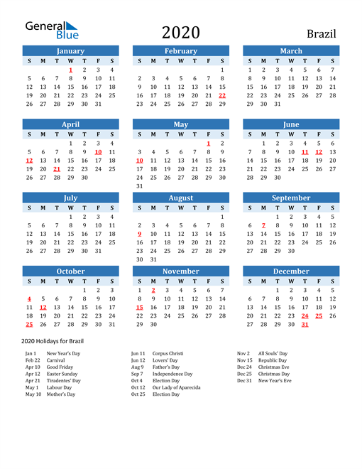 2020 Brazil Calendar with Holidays