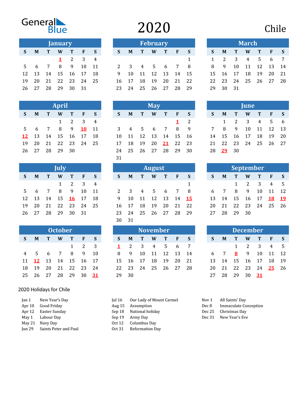 2020 Chile Calendar with Holidays