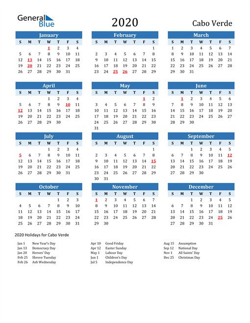 Printable Calendar 2020 with Cabo Verde Holidays