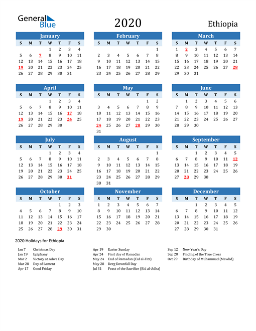 2020 Ethiopia Calendar with Holidays