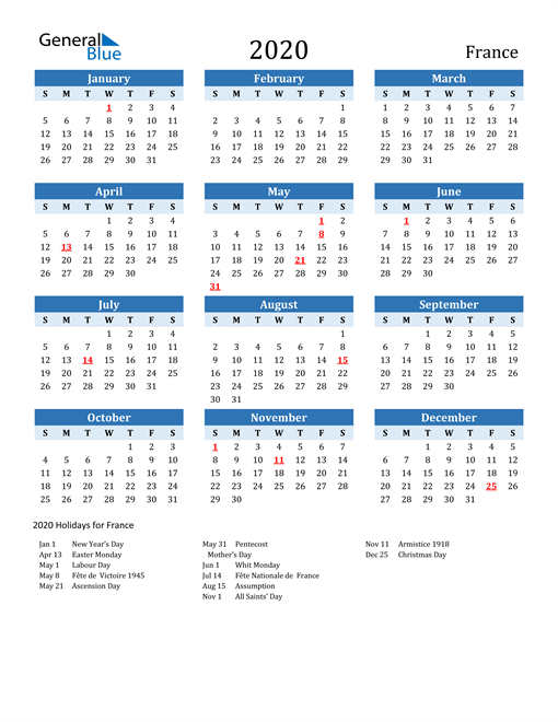 Printable Calendar 2020 with France Holidays