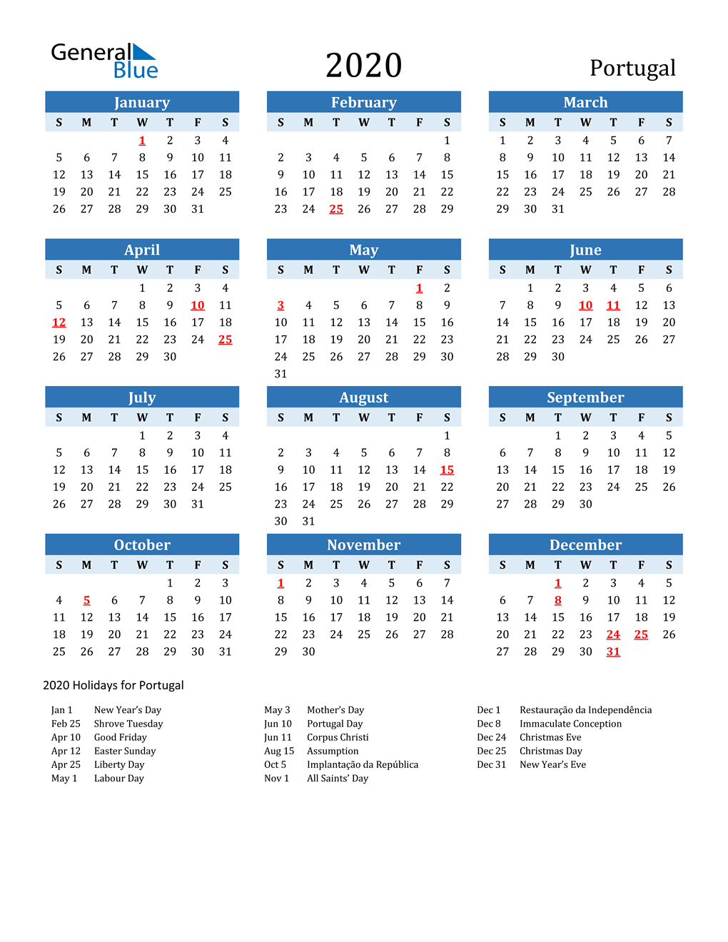 2020 Portugal Calendar with Holidays