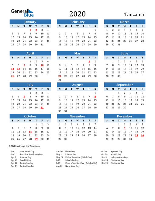 2020 Tanzania Calendar with Holidays