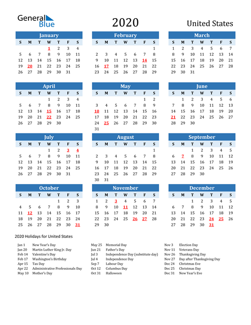 Printable Calendar 2020 with United States Holidays