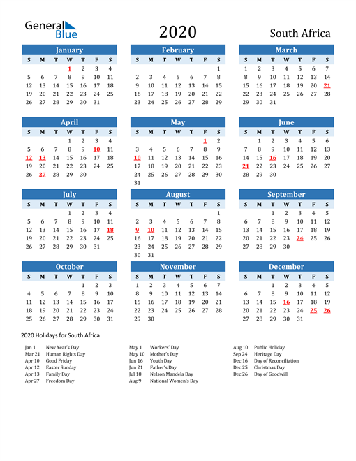 Printable Calendar 2020 with South Africa Holidays