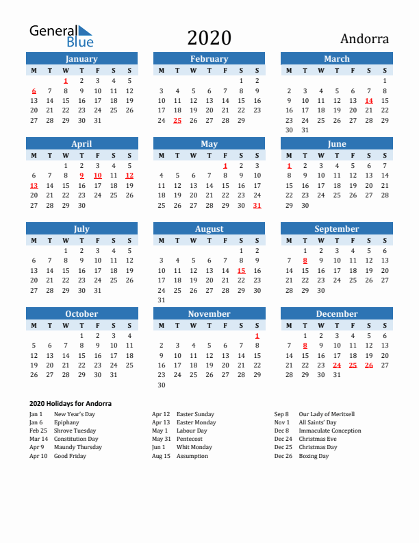 Printable Calendar 2020 with Andorra Holidays (Monday Start)