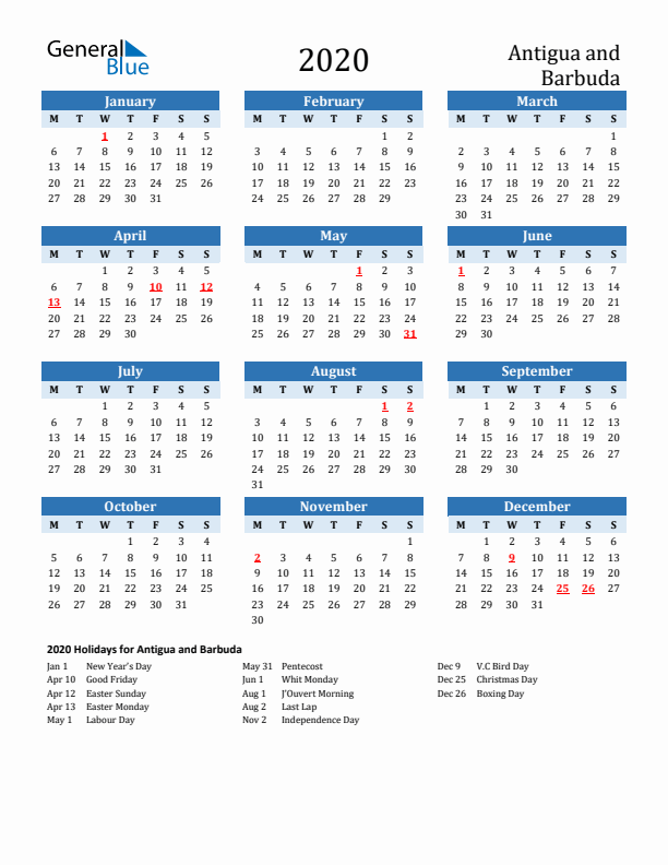 Printable Calendar 2020 with Antigua and Barbuda Holidays (Monday Start)