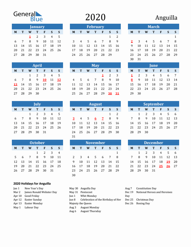 Printable Calendar 2020 with Anguilla Holidays (Monday Start)