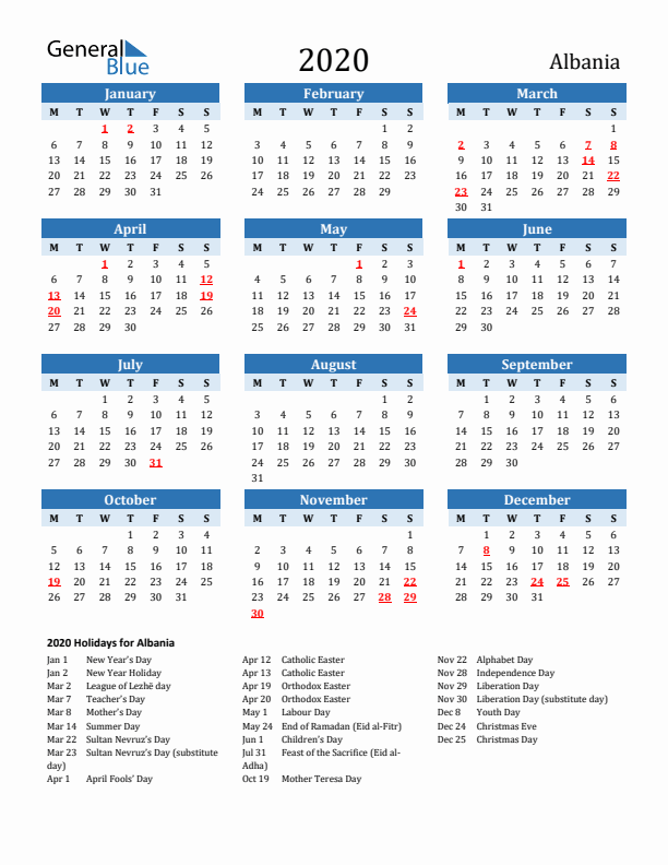 Printable Calendar 2020 with Albania Holidays (Monday Start)