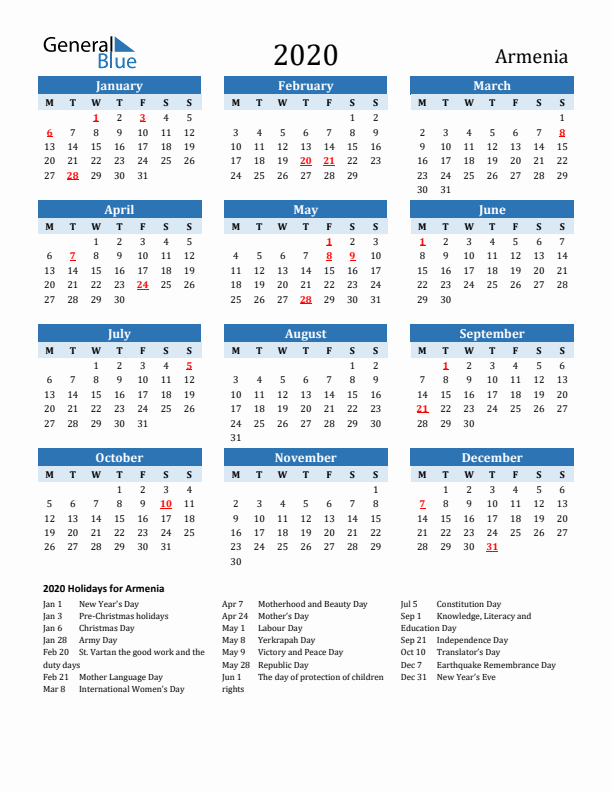 Printable Calendar 2020 with Armenia Holidays (Monday Start)