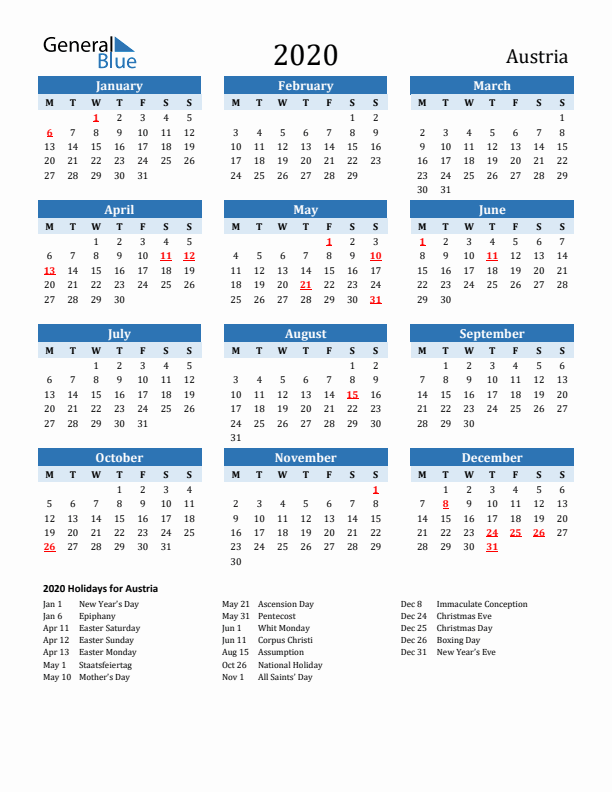 Printable Calendar 2020 with Austria Holidays (Monday Start)