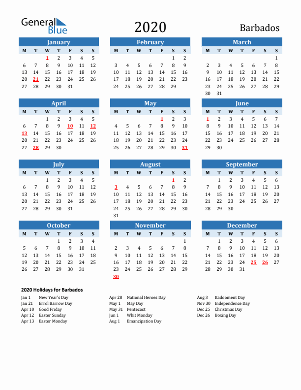 Printable Calendar 2020 with Barbados Holidays (Monday Start)