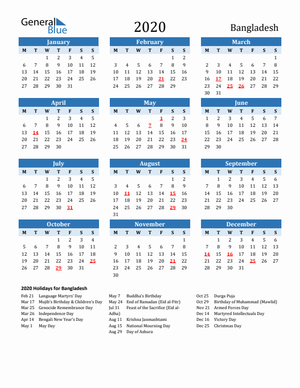 Printable Calendar 2020 with Bangladesh Holidays (Monday Start)