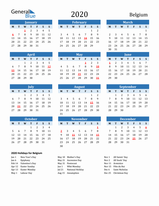 Printable Calendar 2020 with Belgium Holidays (Monday Start)