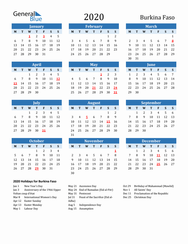 Printable Calendar 2020 with Burkina Faso Holidays (Monday Start)