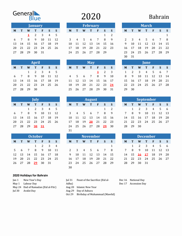 Printable Calendar 2020 with Bahrain Holidays (Monday Start)