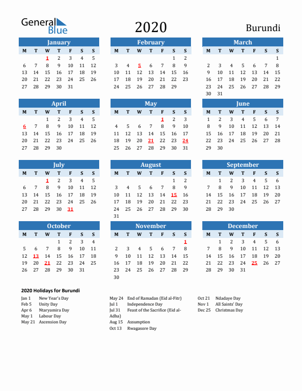 Printable Calendar 2020 with Burundi Holidays (Monday Start)