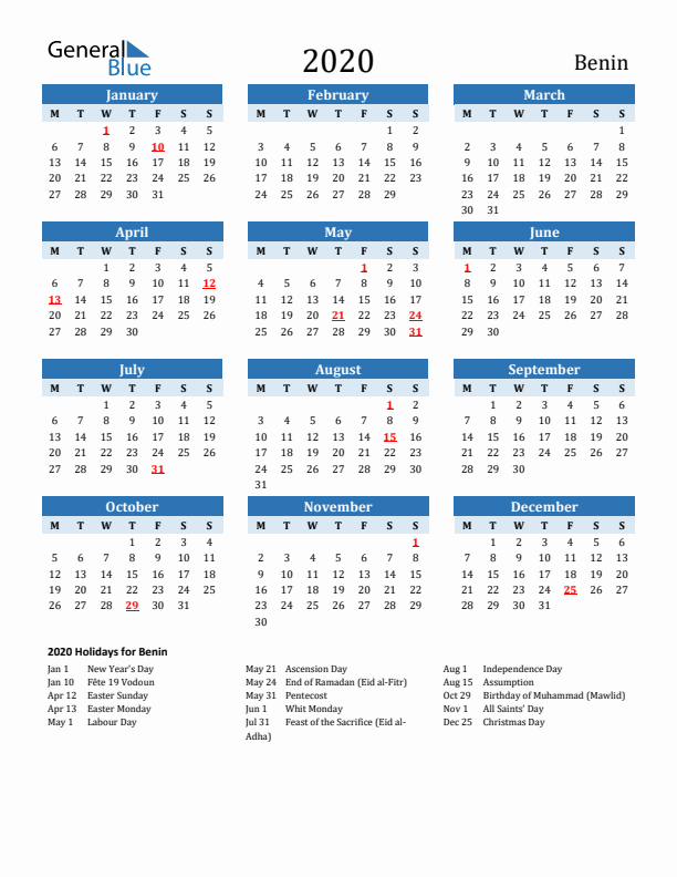 Printable Calendar 2020 with Benin Holidays (Monday Start)