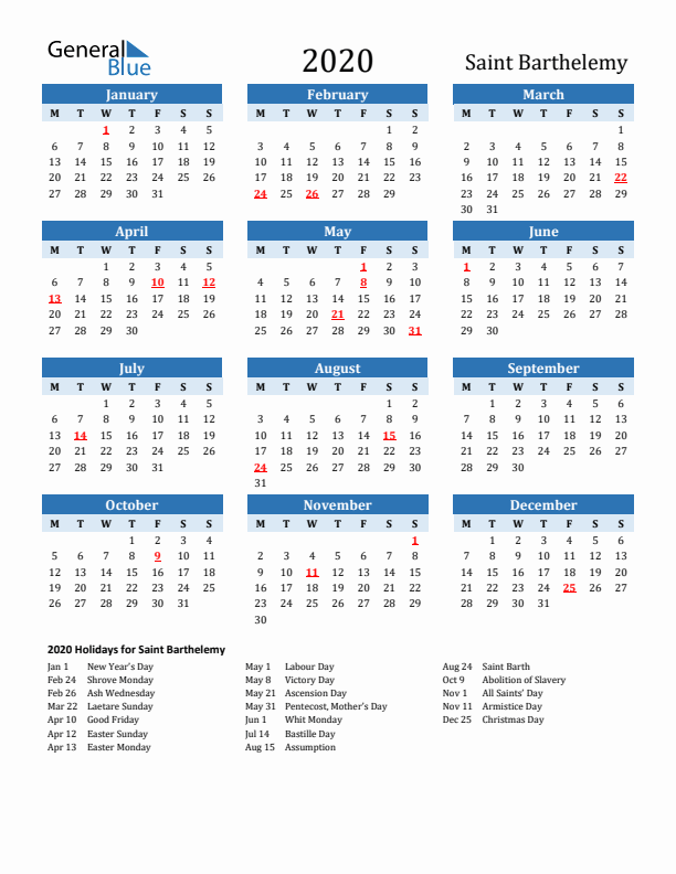 Printable Calendar 2020 with Saint Barthelemy Holidays (Monday Start)
