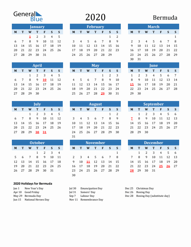 Printable Calendar 2020 with Bermuda Holidays (Monday Start)