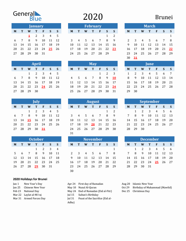 Printable Calendar 2020 with Brunei Holidays (Monday Start)