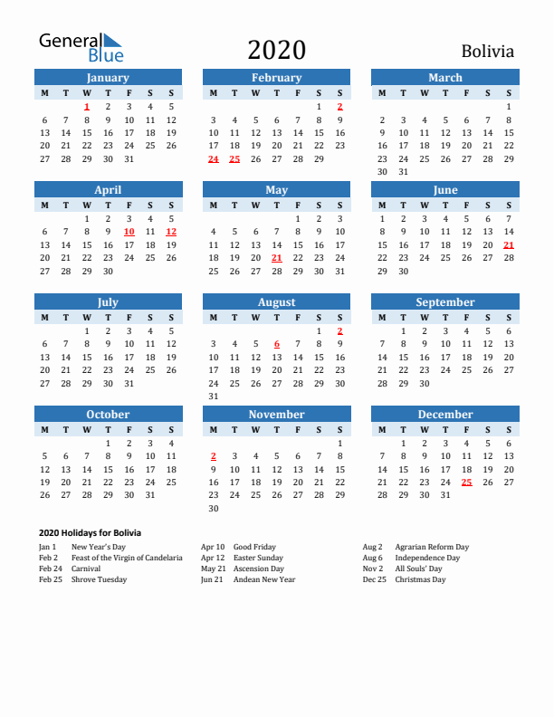 Printable Calendar 2020 with Bolivia Holidays (Monday Start)