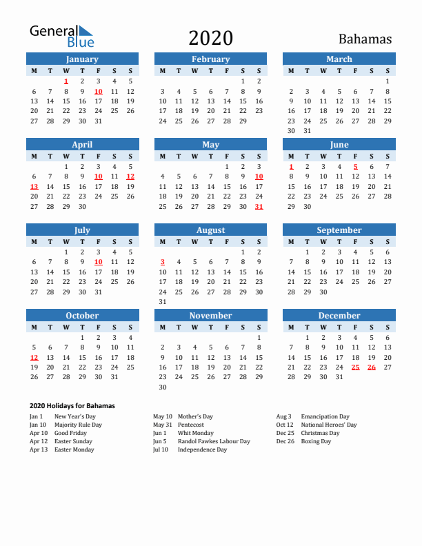 Printable Calendar 2020 with Bahamas Holidays (Monday Start)