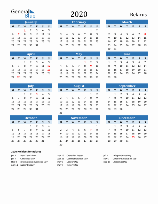 Printable Calendar 2020 with Belarus Holidays (Monday Start)