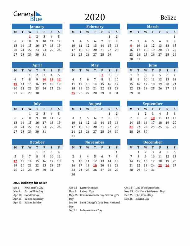 Printable Calendar 2020 with Belize Holidays (Monday Start)