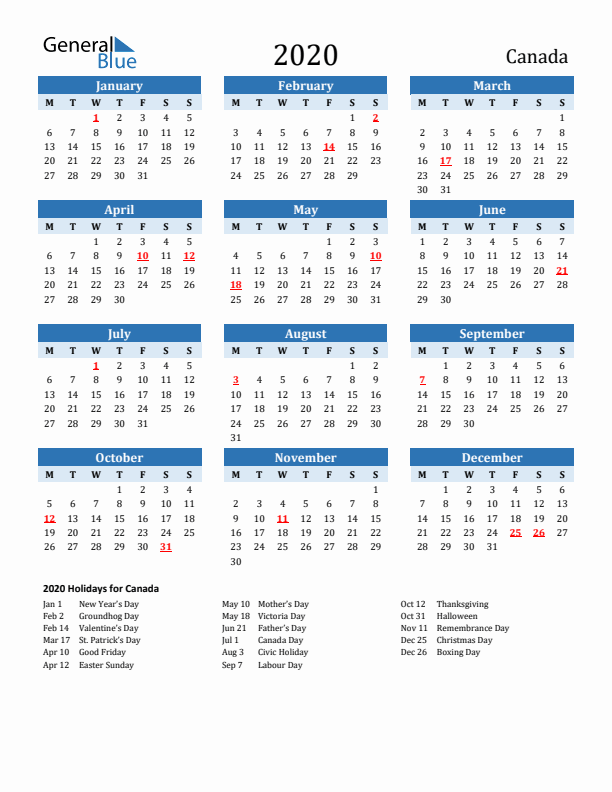 Printable Calendar 2020 with Canada Holidays (Monday Start)