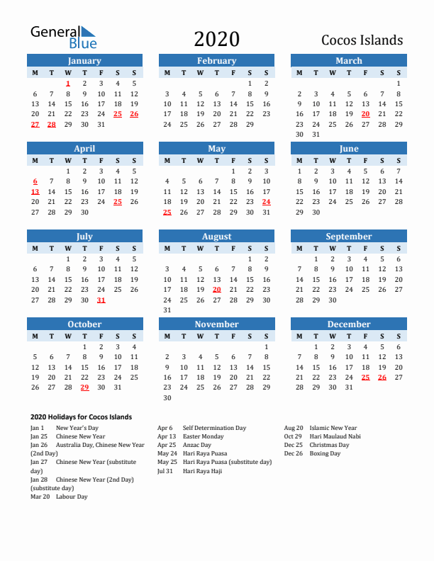 Printable Calendar 2020 with Cocos Islands Holidays (Monday Start)