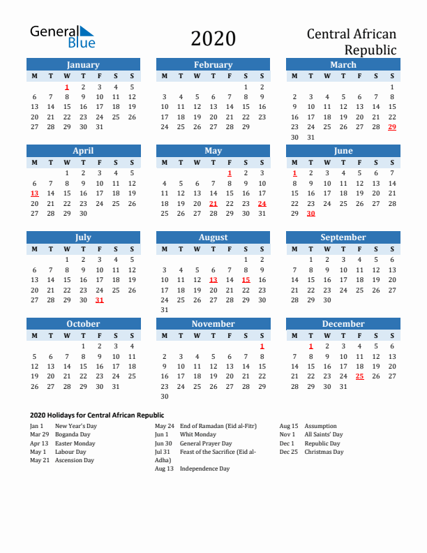 Printable Calendar 2020 with Central African Republic Holidays (Monday Start)