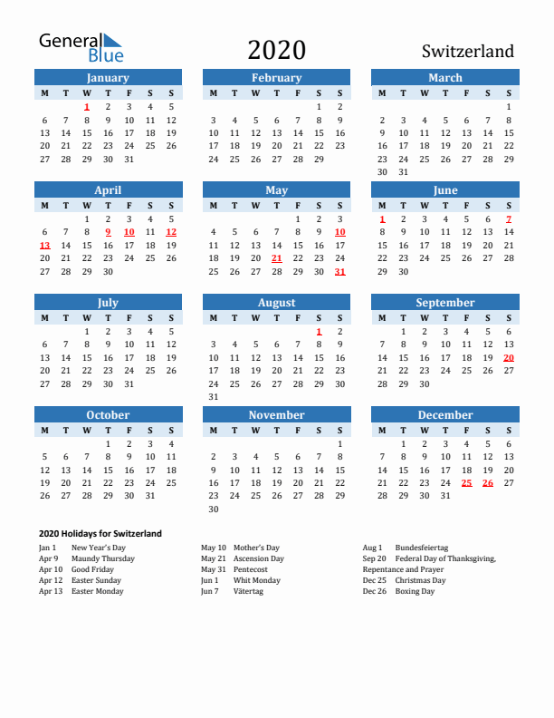 Printable Calendar 2020 with Switzerland Holidays (Monday Start)