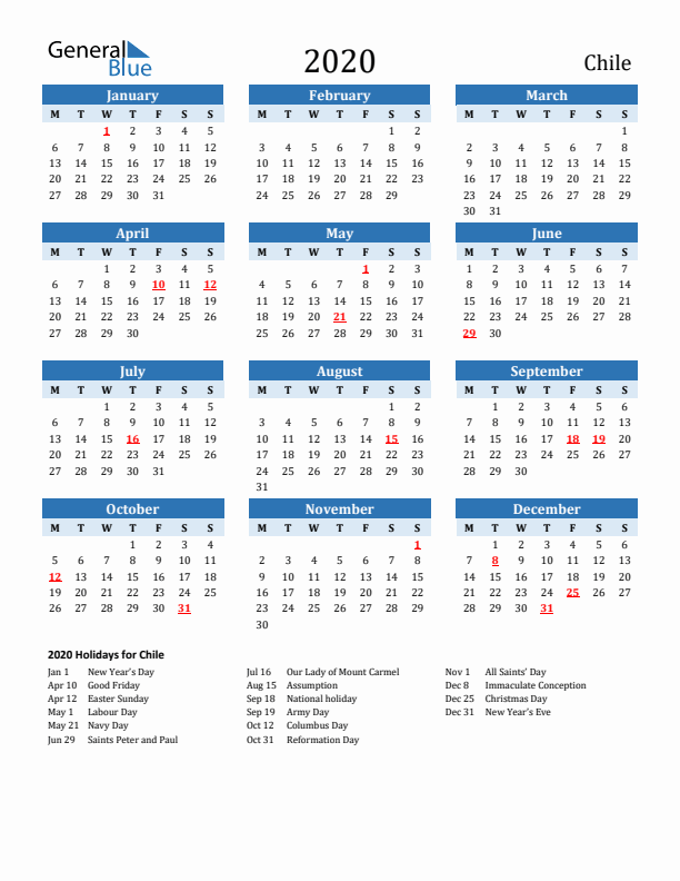 Printable Calendar 2020 with Chile Holidays (Monday Start)