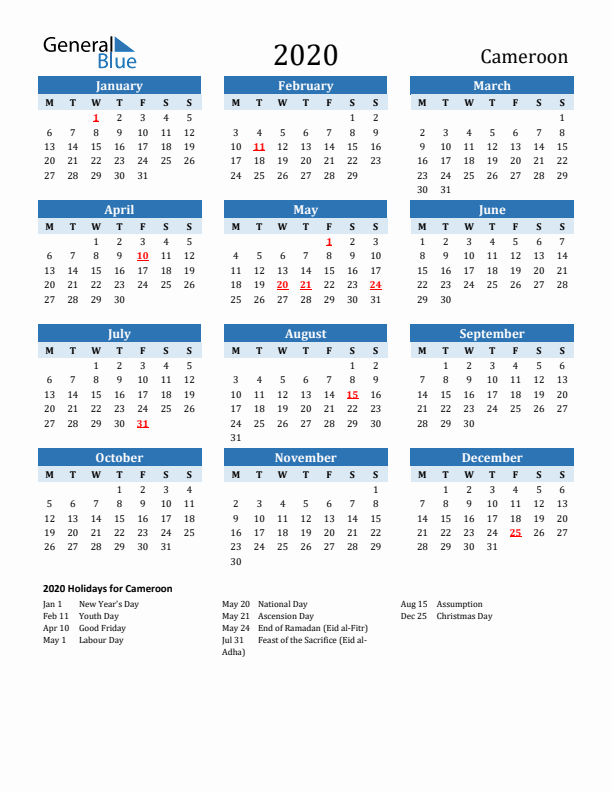 Printable Calendar 2020 with Cameroon Holidays (Monday Start)