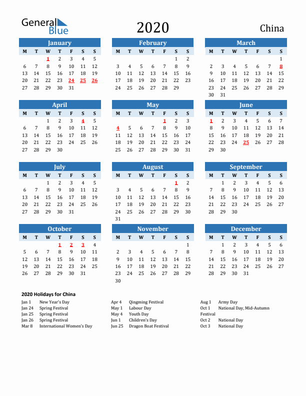 Printable Calendar 2020 with China Holidays (Monday Start)
