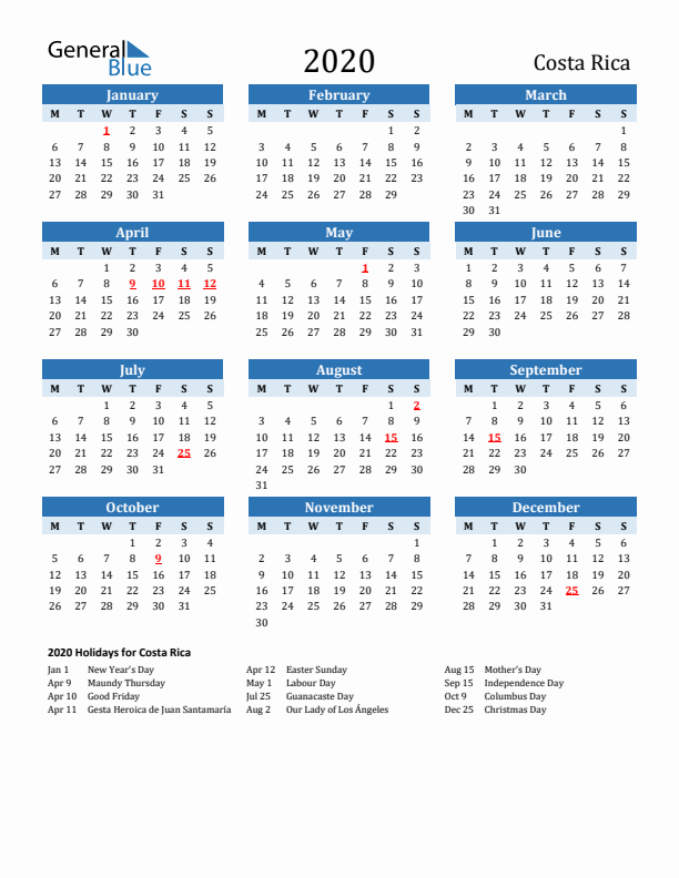 Printable Calendar 2020 with Costa Rica Holidays (Monday Start)