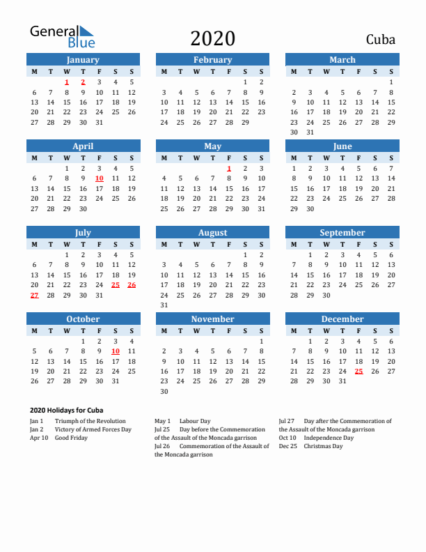 Printable Calendar 2020 with Cuba Holidays (Monday Start)
