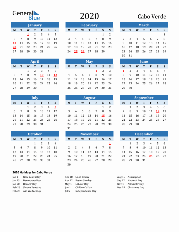 Printable Calendar 2020 with Cabo Verde Holidays (Monday Start)