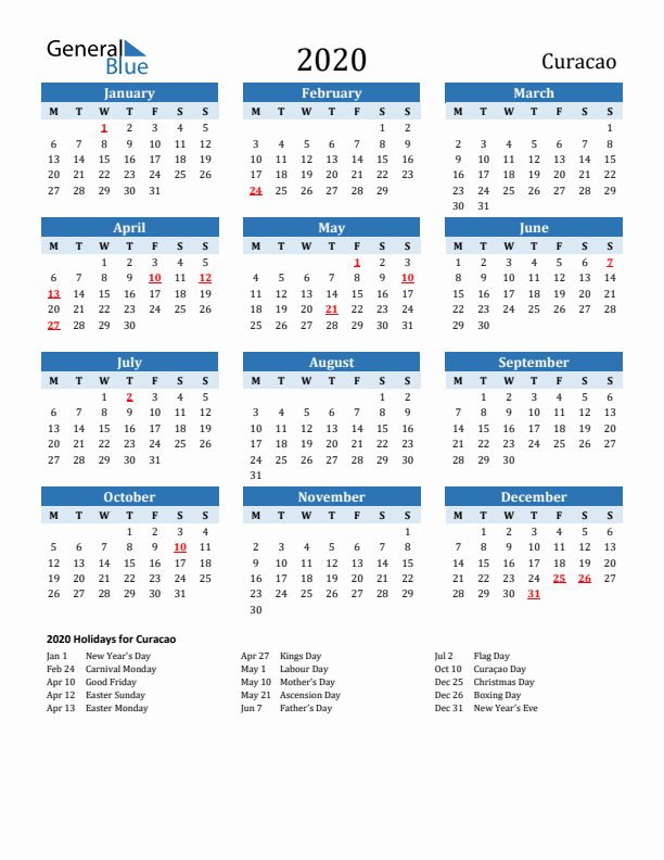 Printable Calendar 2020 with Curacao Holidays (Monday Start)
