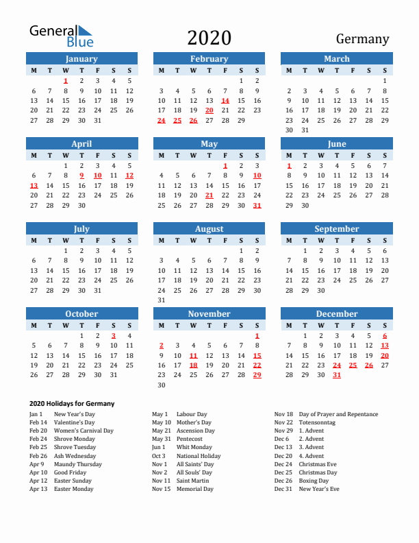 Printable Calendar 2020 with Germany Holidays (Monday Start)