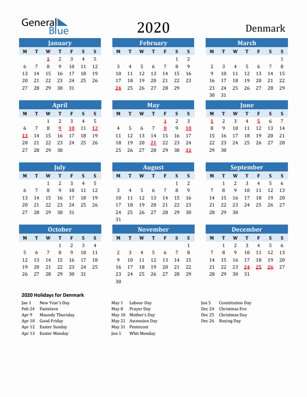 Printable Calendar 2020 with Denmark Holidays (Monday Start)