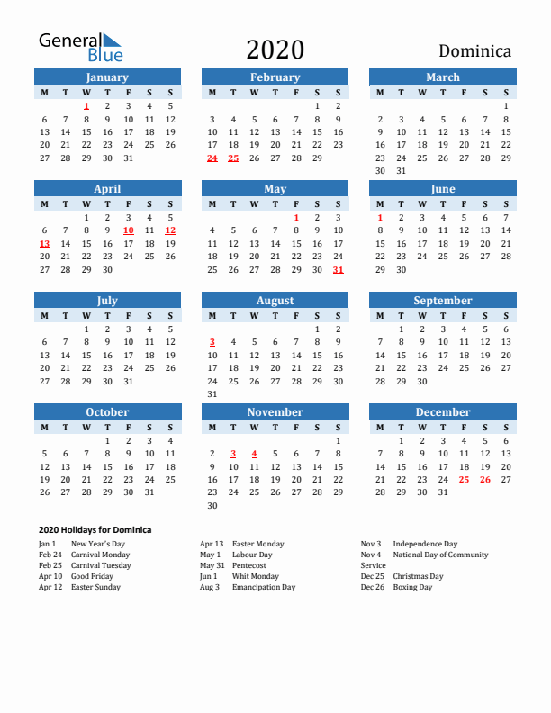 Printable Calendar 2020 with Dominica Holidays (Monday Start)