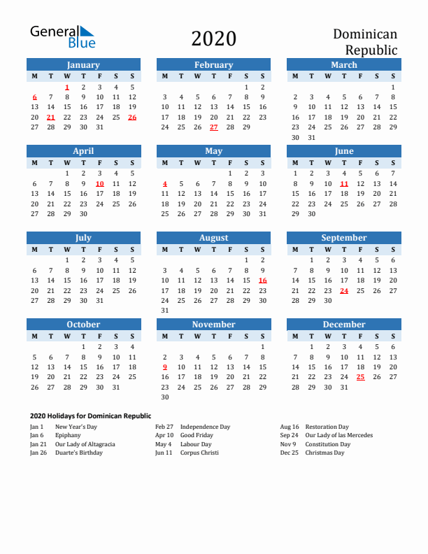 Printable Calendar 2020 with Dominican Republic Holidays (Monday Start)