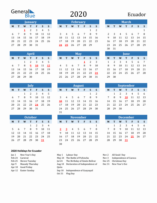 Printable Calendar 2020 with Ecuador Holidays (Monday Start)