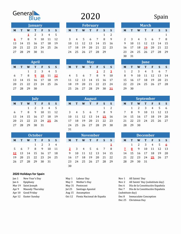 Printable Calendar 2020 with Spain Holidays (Monday Start)